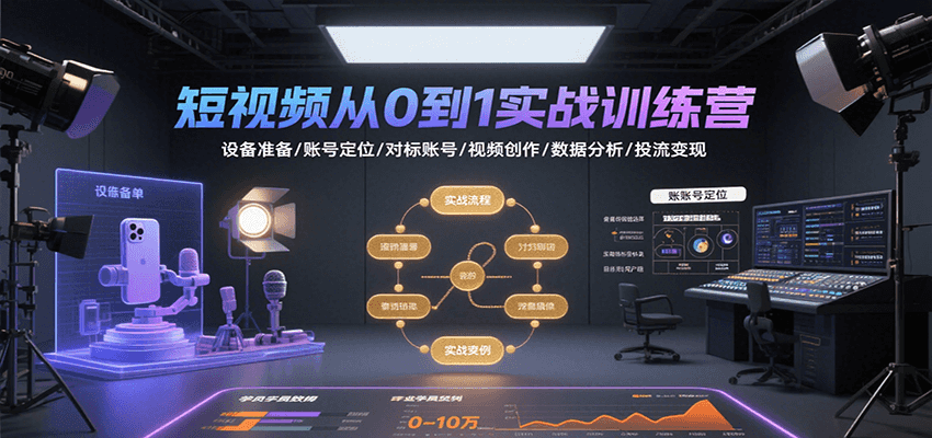 短视频从0到1实战训练营:设备准备/账号定位/对标账号/视频创作/数据分析/投流变现-云网创