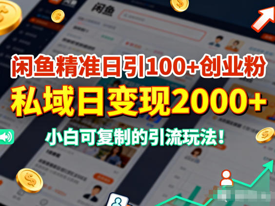 闲鱼精准日引100+创业粉，私域日变现多张，小白可复制的引流玩法-云网创