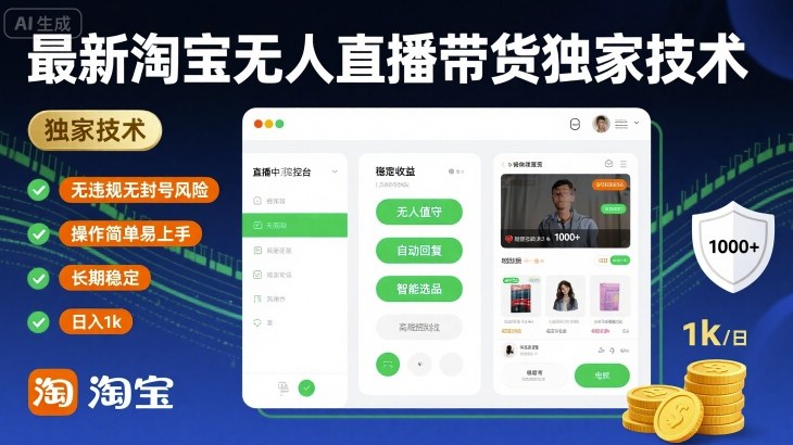 最新淘宝无人直播带货独家技术，无违规无封号风险，操作简单易上手，长期稳定日入1k【揭秘】-云网创