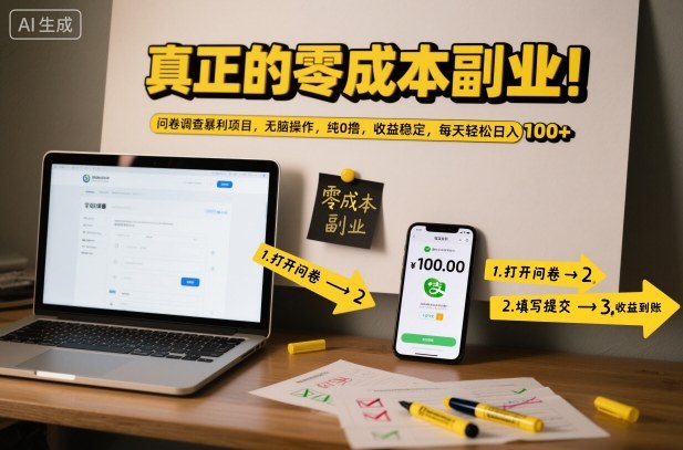 真正的零成本副业！问卷调查暴利项目，无脑操作，纯0撸，收益稳定，每天轻松日入100+【揭秘】-云网创