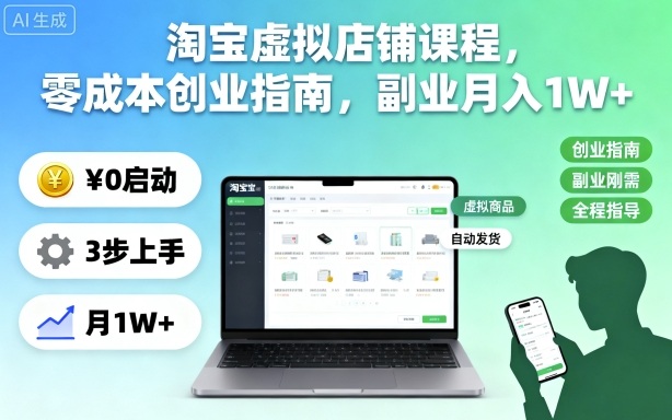 淘宝虚拟店铺课程,零成本创业指南,副业月入1W+-云网创
