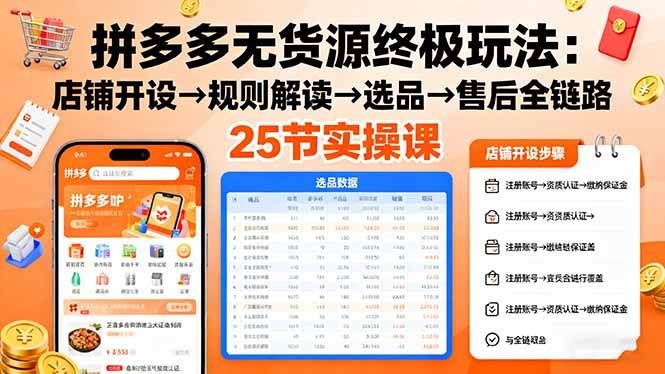 (16297期)拼多多无货源终极玩法:店铺开设→规则解读→选品→售后全链路,25节实操课-云网创