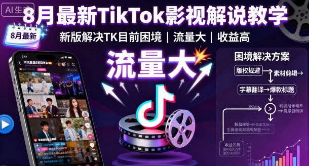 8月最新TikTok影视解说教学,新版解决TK目前困境,流量大,收益高-云网创