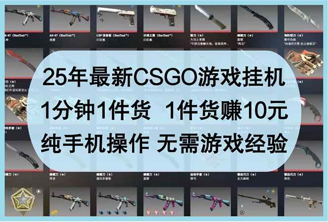 (14439期)25年最新CSGO游戏挂机,1分钟1件货,1件货赚10元 纯手机操作 无需游戏经验-云网创