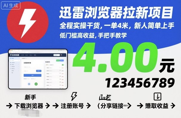 迅雷浏览器拉新项目,全程实操干货,一单4米,新人简单上手-云网创