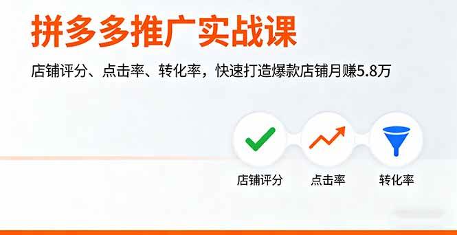 (16115期)拼多多推广实战课,店铺评分、点击率、转化率,快速打造爆款店铺月赚5.8万-云网创