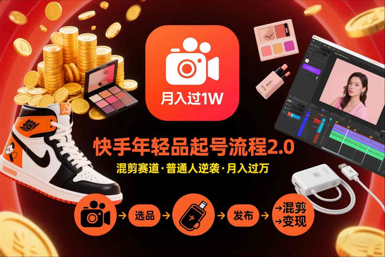 快手短视频带货年轻品起号流程2.0,快手年轻品混剪赛道,普通人也能月入过1W-云网创