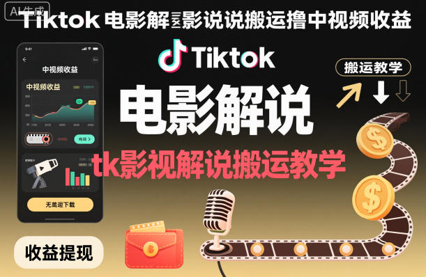 Tiktok电影解说搬运撸中视频收益，tk影视解说搬运教学-云网创