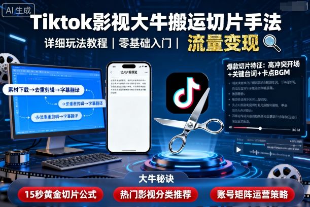 Tiktok影视大牛搬运切片手法,详细玩法教程-云网创