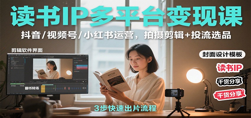 读书IP多平台变现课:抖音/视频号/小红书运营,拍摄剪辑+投流选品-云网创