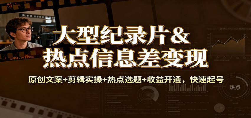 大型纪录片&热点信息差变现：原创文案+剪辑实操+热点选题+收益开通，快速起号-云网创