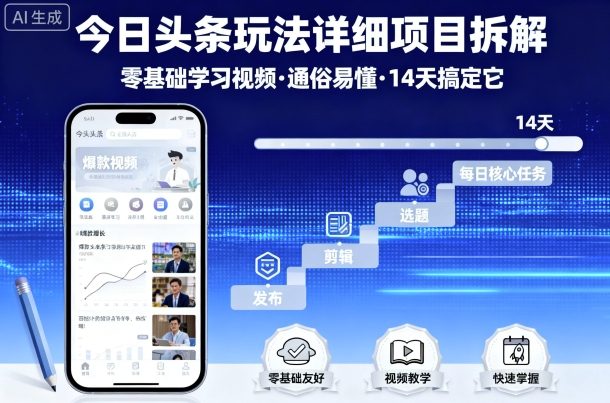 今日头条玩法详细项目拆解,零基础学习视频 通俗易懂 14天搞定它-云网创
