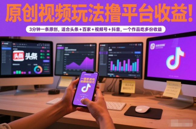 原创视频玩法撸平台收益，3分钟一条原创，适合头条+百家+视频号+抖音，一个作品吃多份收益-云网创