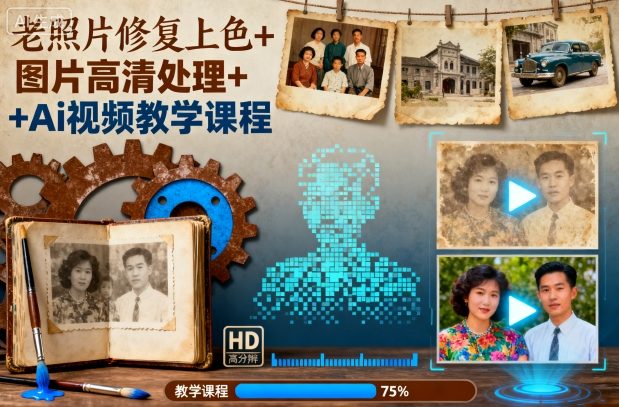 老照片修复上色+图片高清处理+Ai视频教学课程-云网创