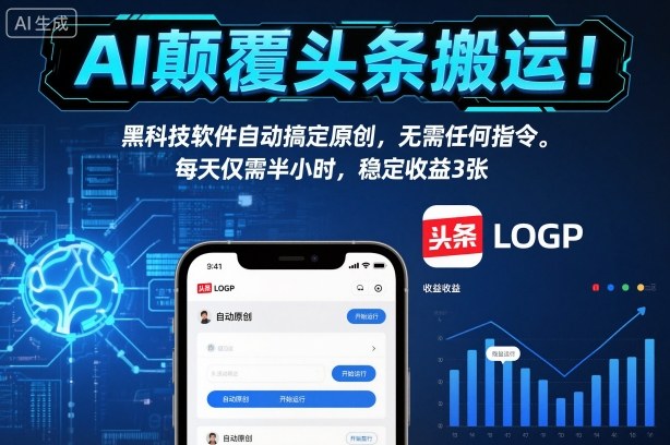 AI颠覆头条搬运!黑科技软件自动搞定原创,无需任何指令。每天仅需半小时,稳定收益3张【揭秘】-云网创