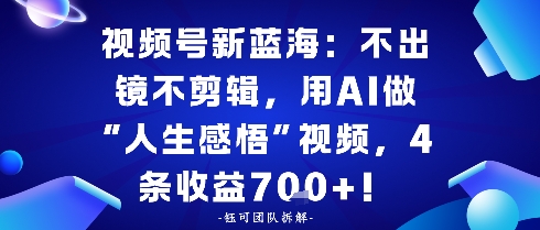 视频号新蓝海:不出镜不剪辑,用AI做“人生感悟”视频,4条收益7张-云网创