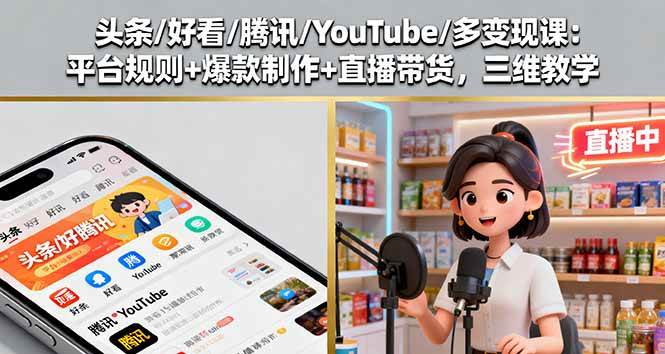 (16147期)头条/好看/腾讯/YouTube/多变现课:平台规则+爆款制作+直播带货,三维教学-云网创