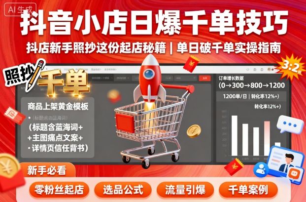 抖音小店日爆千单技巧，抖店新手照抄这份起店秘籍，单日破千单-云网创