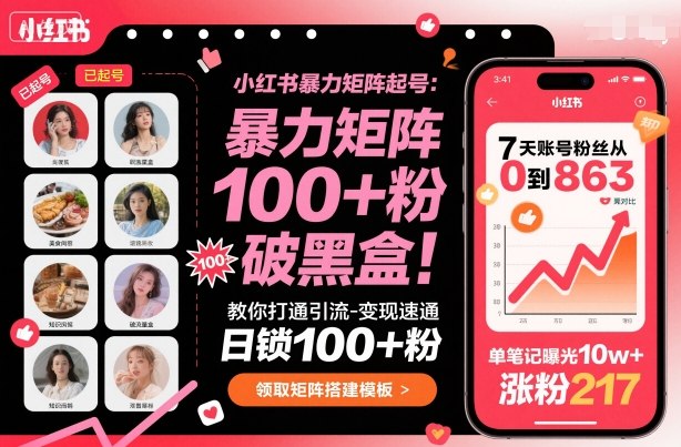 小红书暴力矩阵起号,教你打通引流-变现速通,日锁100+粉,破流量黑盒-云网创