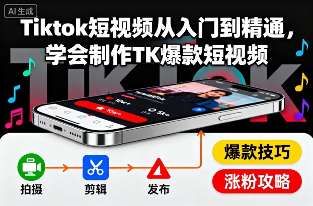 Tiktok短视频从入门到精通,学会制作TK爆款短视频-云网创