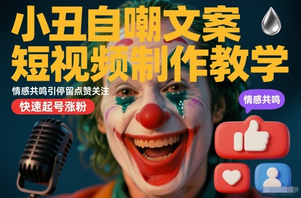 小丑自嘲文案短视频制作教学，情感共鸣引停留点赞关注，快速起号涨粉-云网创