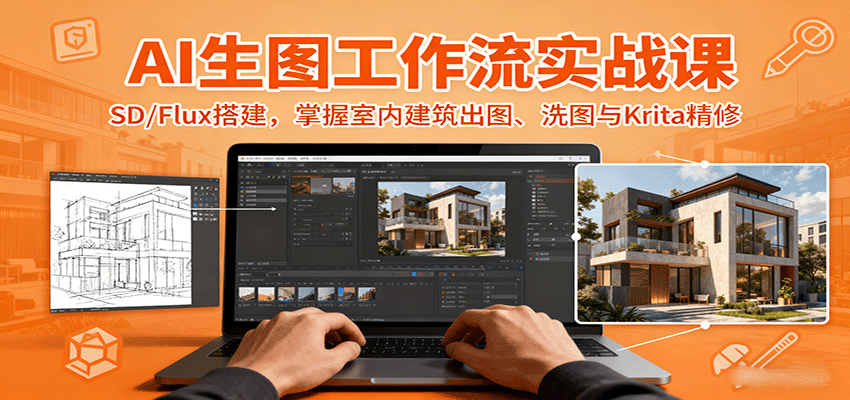 AI生图工作流实战课:SD/Flux搭建,掌握室内建筑出图、洗图与Krita精修-云网创