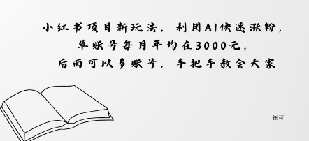 小红书项目新玩法，利用AI快速涨粉，单账号每月平均在3k，后面可以多账号，手把手教会-云网创