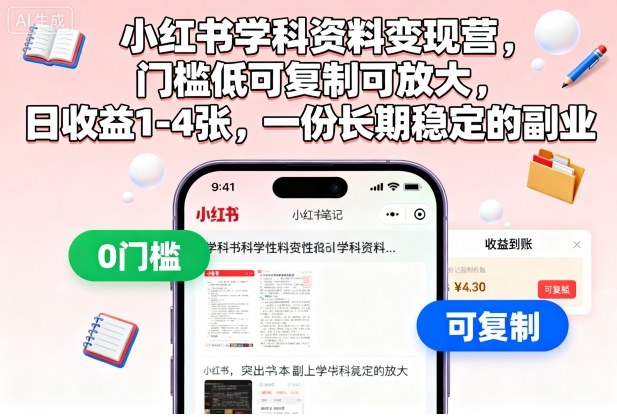 小红书学科资料变现营,门槛低可复制可放大,日收益1-4张,一份长期稳定的副业-云网创