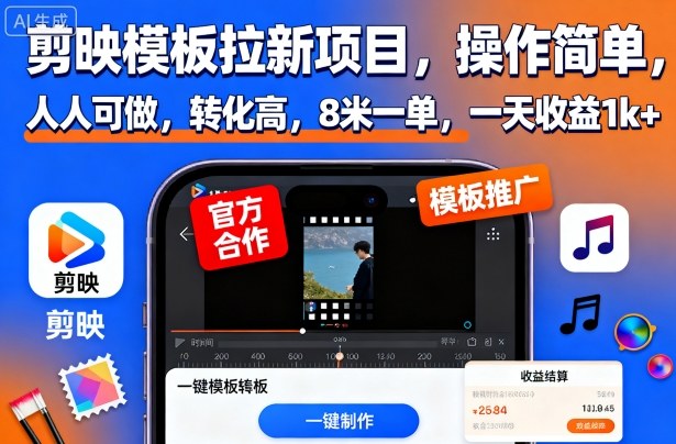 剪映模板拉新项目,操作简单,人人可做,转化高,8米一单,一天收益1k+-云网创