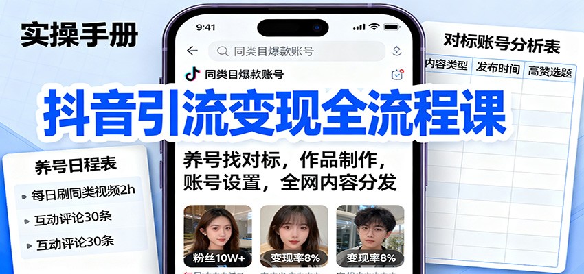 抖音引流变现全流程课:养号找对标,作品制作,账号设置,全网内容分发-云网创