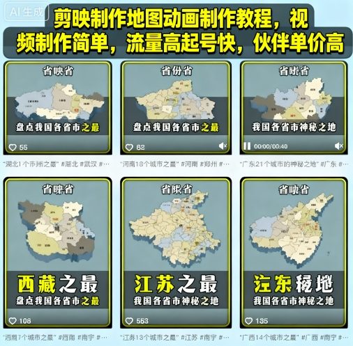 剪映制作地图动画制作教程,视频制作简单,流量高起号快,伙伴单价高-云网创